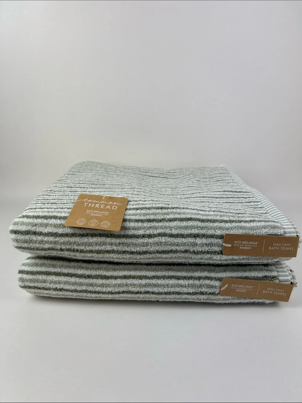 Common Thread Bamboo Bath Towels Eco-Melange Green White Stripe 2 Pc NEW